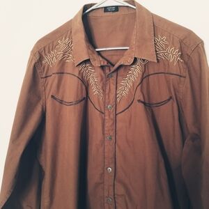 Coofandy Cotton Western Shirt Embroidered Cowboy Long Sleeve Brown L